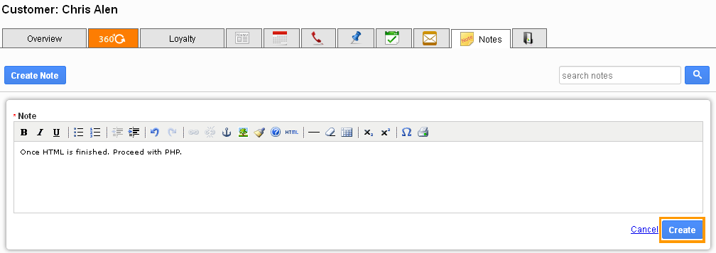 Notes create button