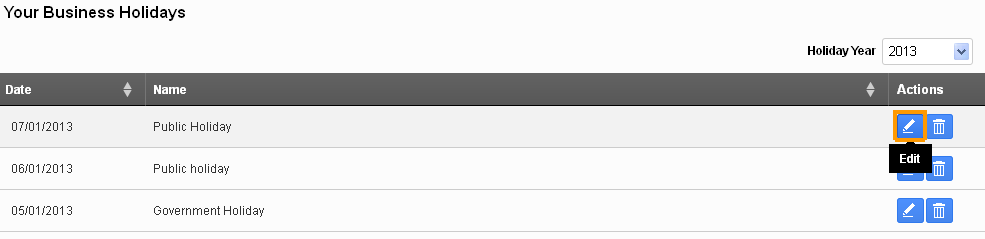 Edit your business holiday