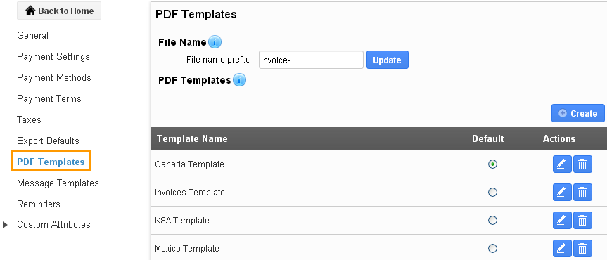 PDF templates from left navigation panel