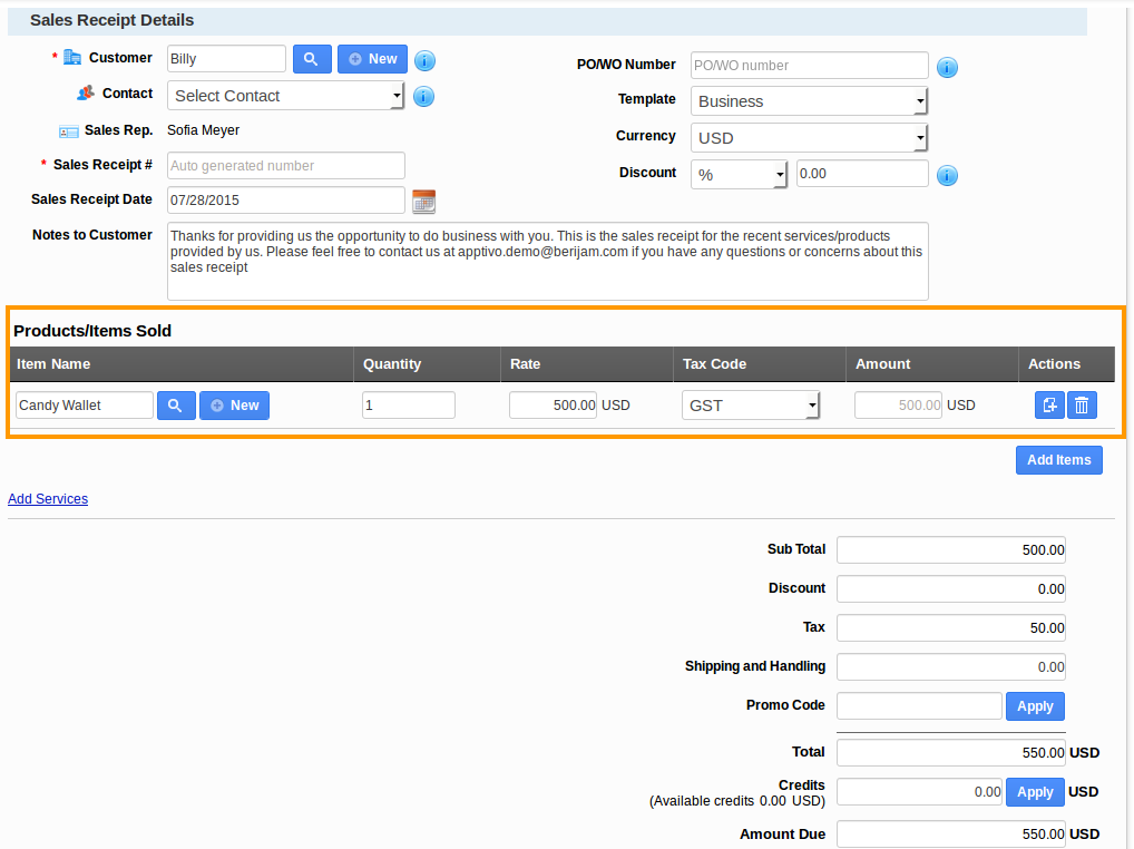 Create Sales Receipts For Items