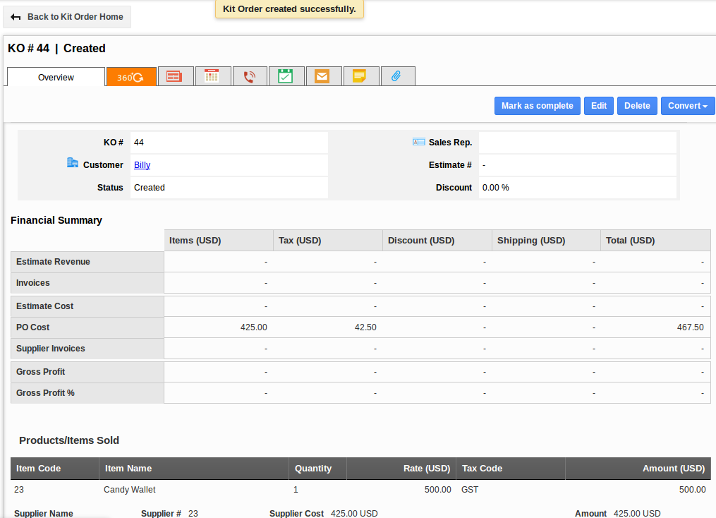 How do I create a new kit order? Apptivo FAQ