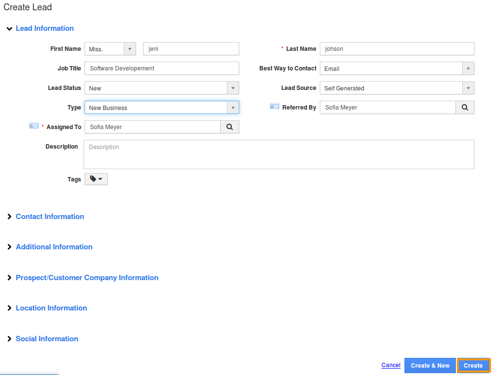 Creating New Lead