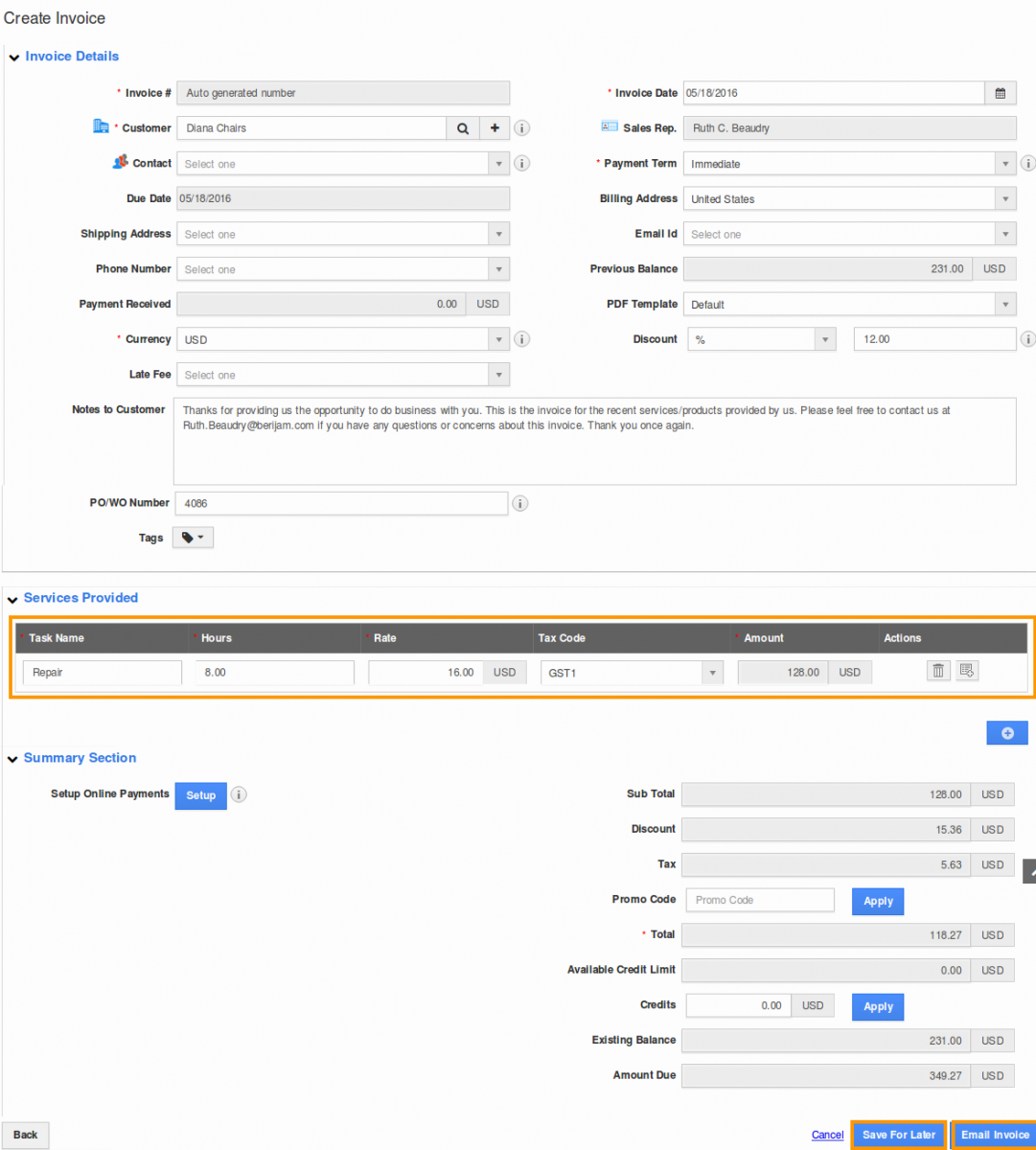 Create Invoice Services