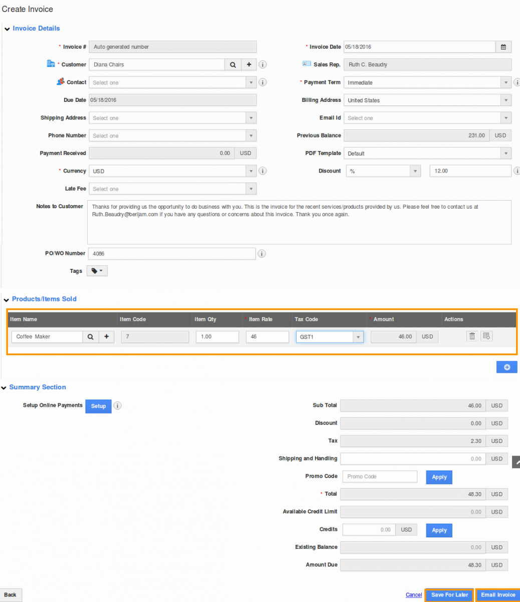 create invoice item