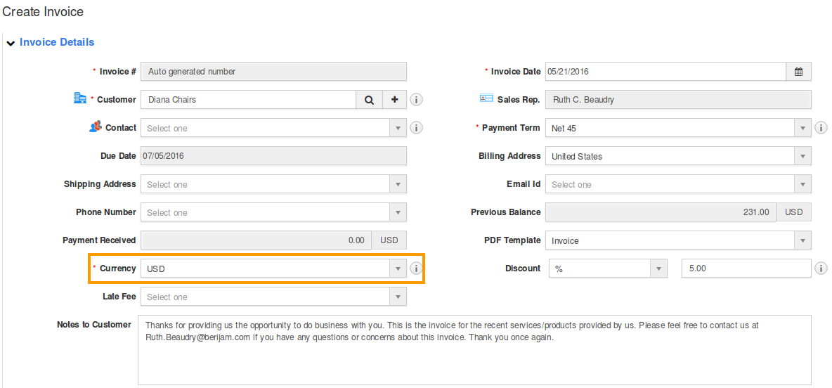 currency in invoice creation