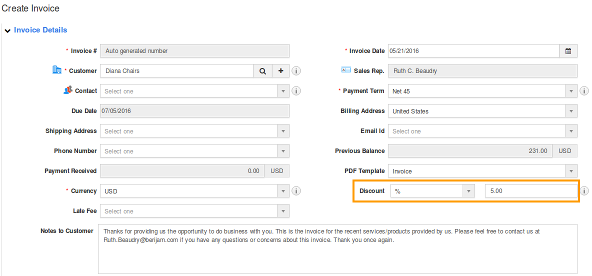 discount in create invoice