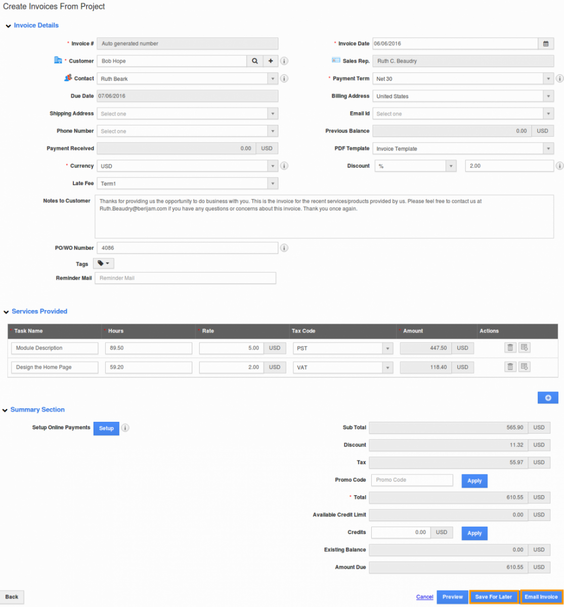 invoice from Project