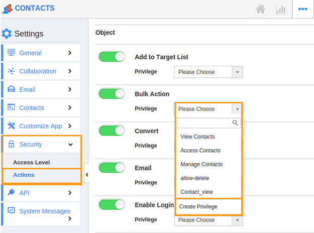 Create bulk action privilege
