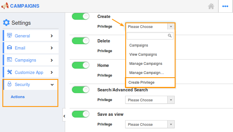 click create privilege dropdown