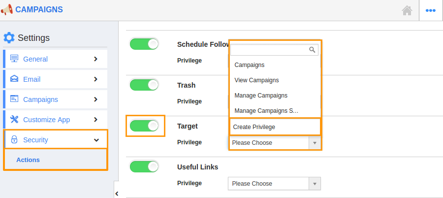 targets create privilege dropdown