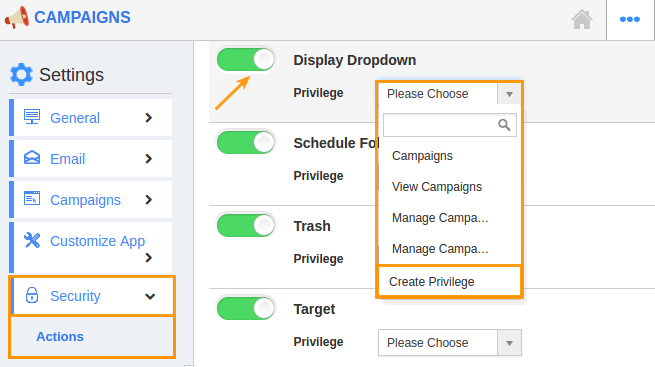 display dropdown create privilege