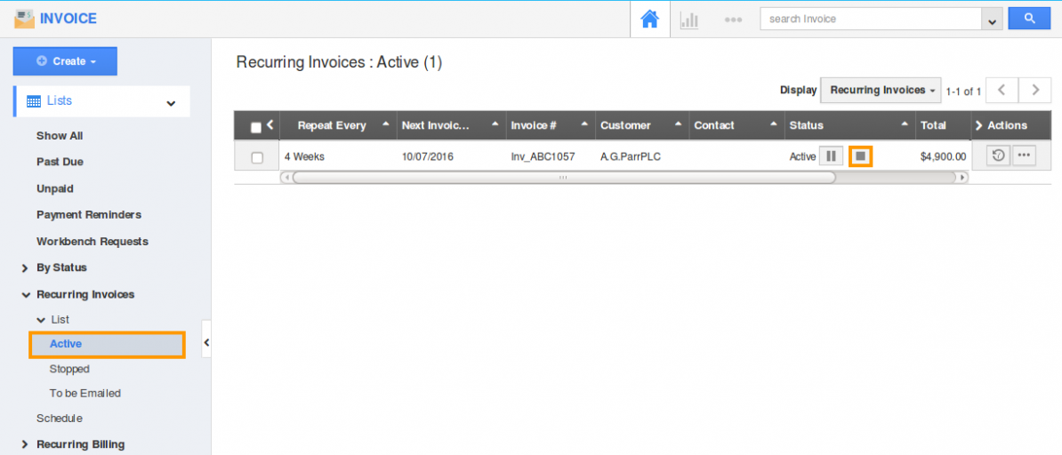 stop active recurring invoice