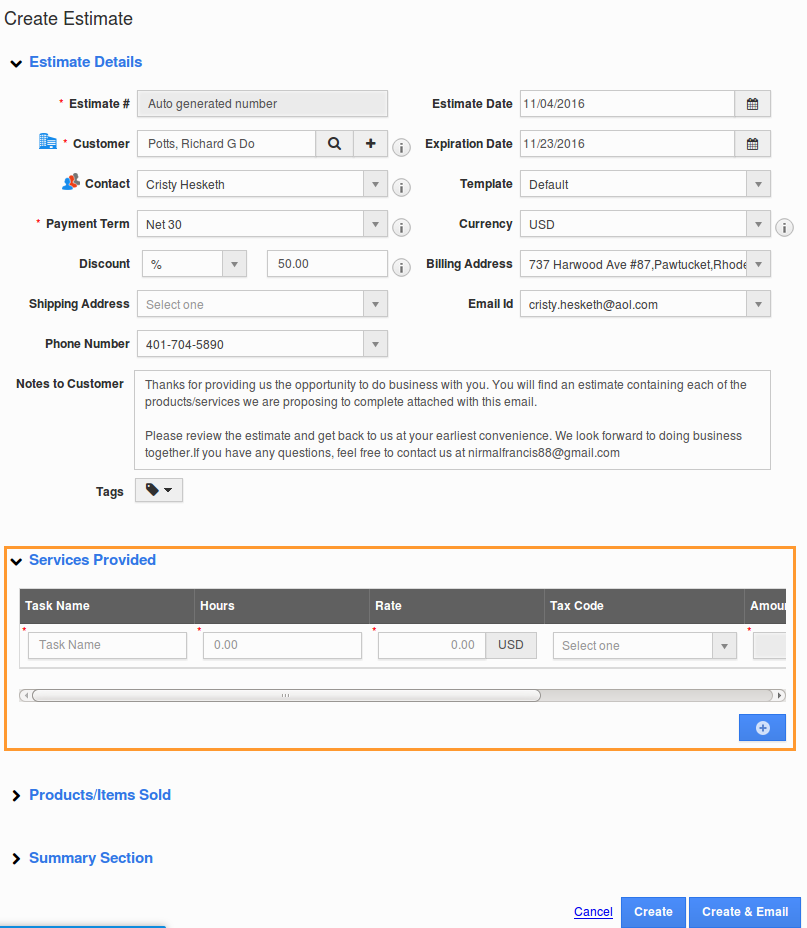 create estimates