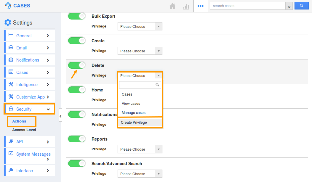 delete case create privilege