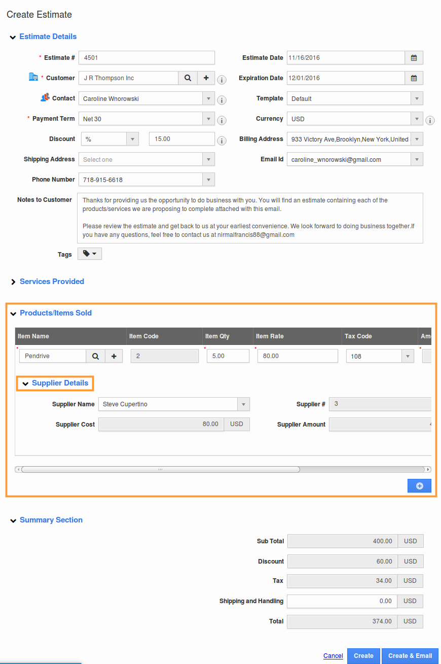 supplier item in creation page