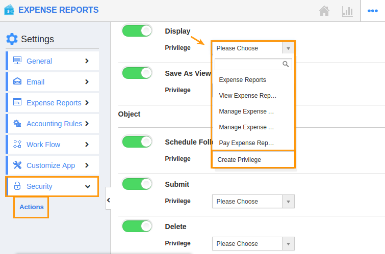 display dropdown actions