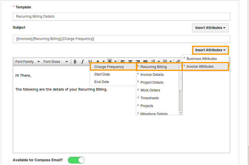 recurring billing fields