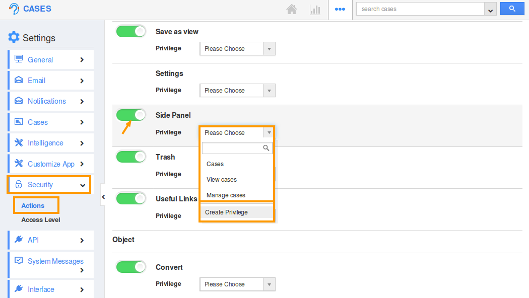 side panel create privilege