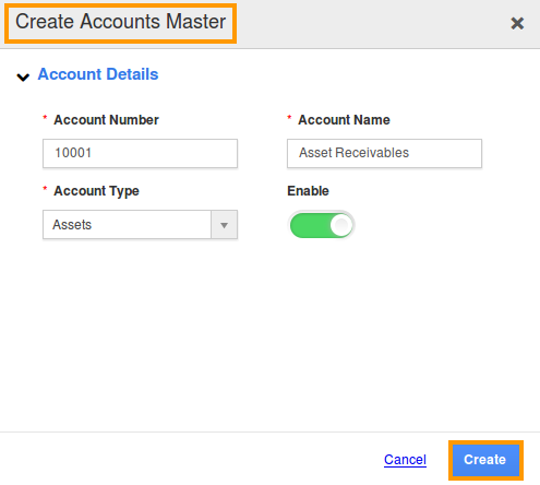 create accounts master popup