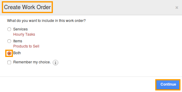 create work order popup