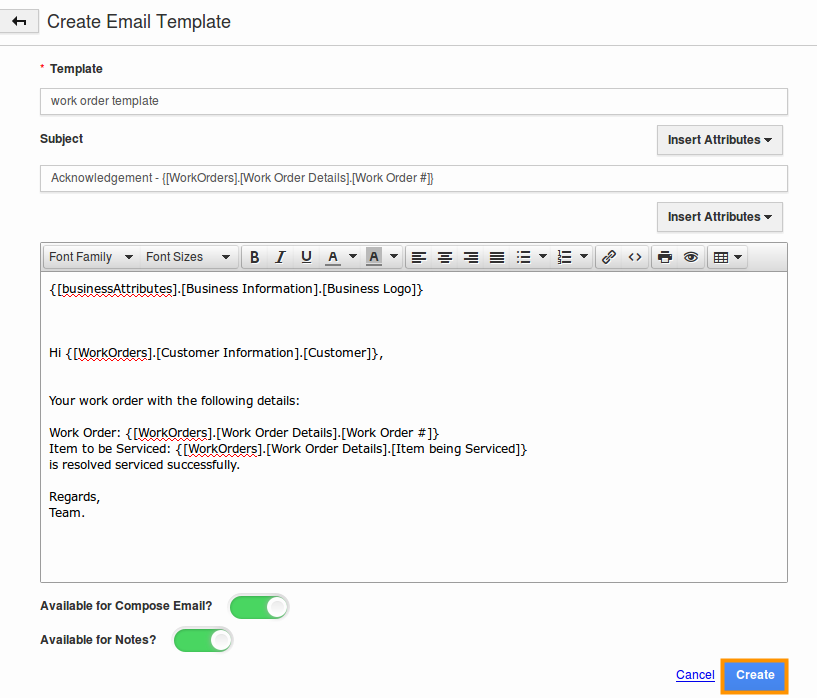 create work orders email templates