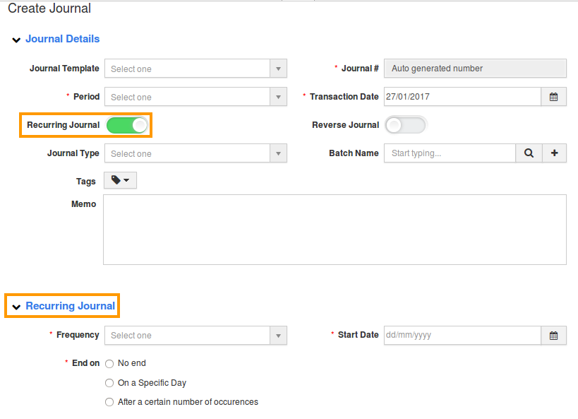 enable recurring journal