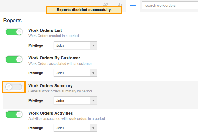 toggle off work order summary