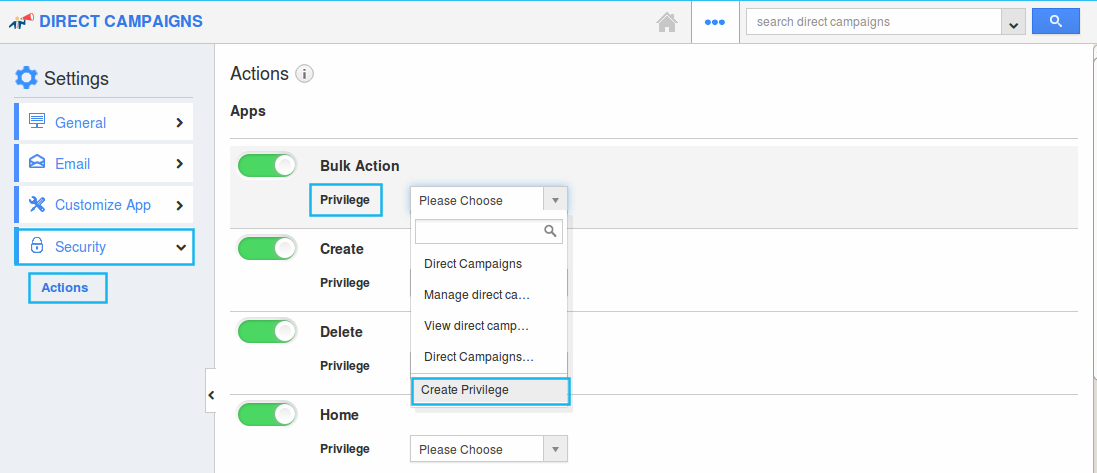 bulk action create privilege