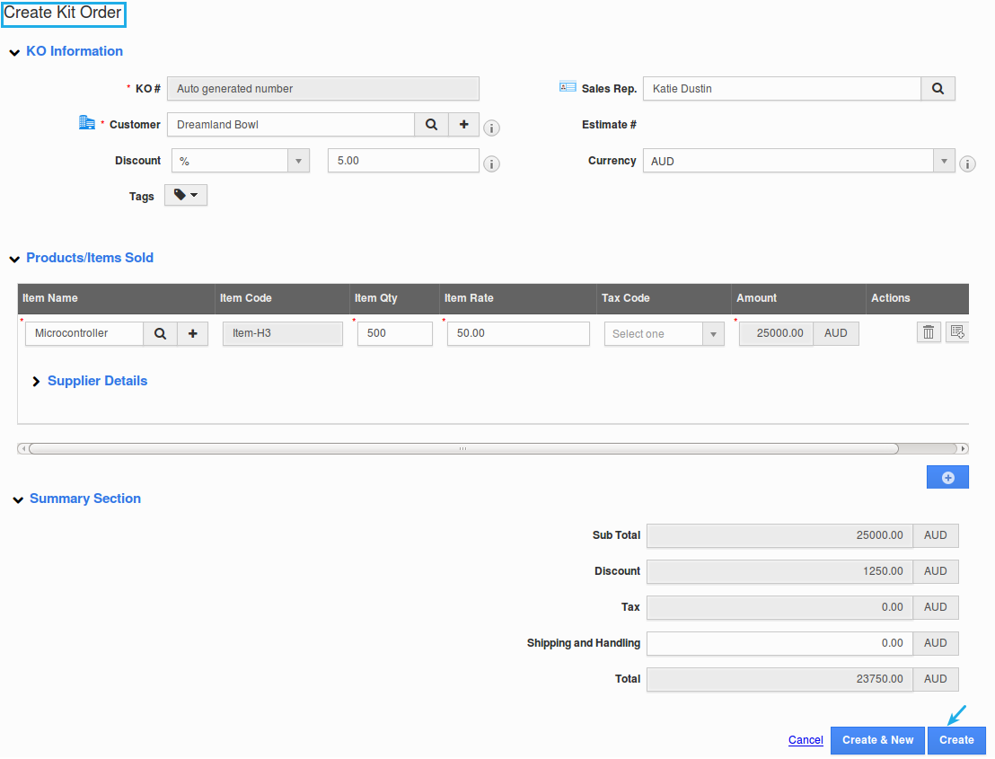 create kit orders