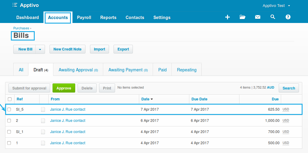 supplier invoice synced in xero