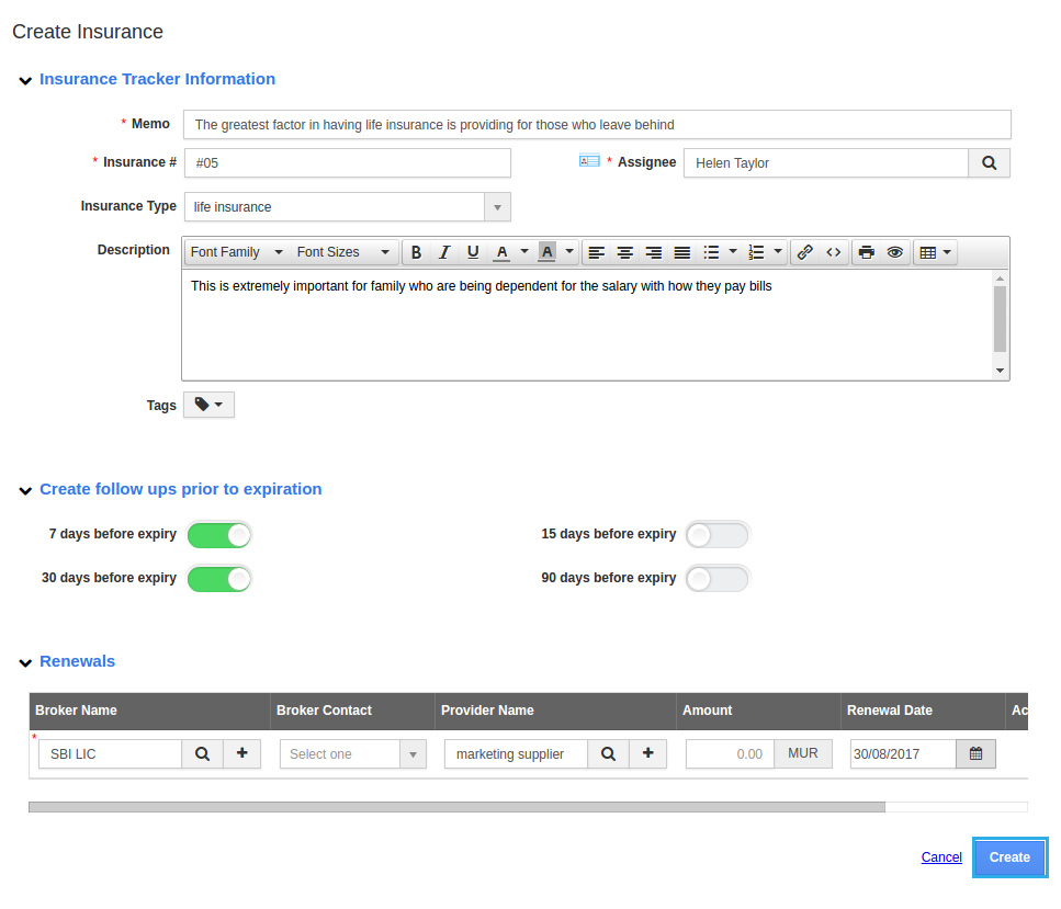 create new insurance tracker