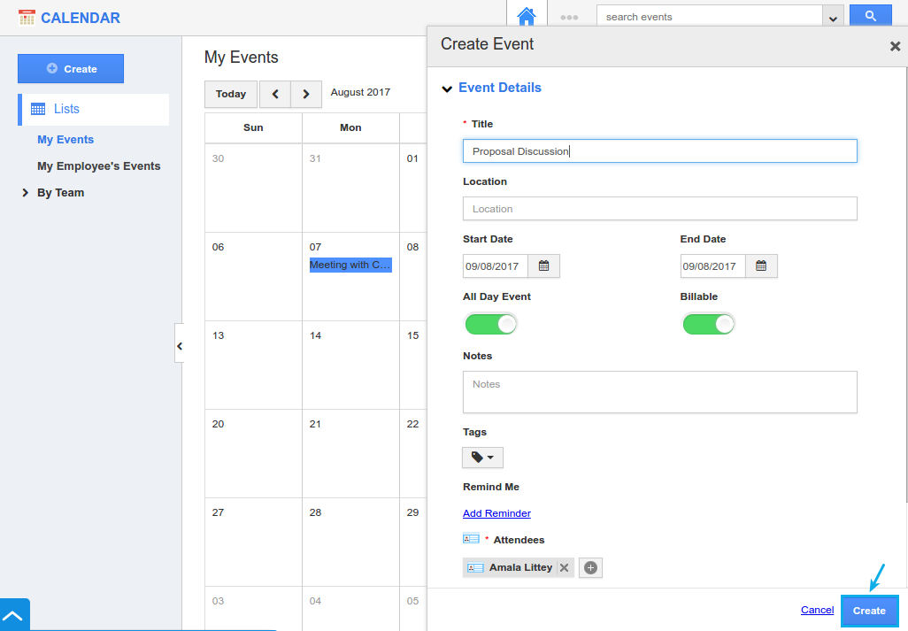 create event in apptivo