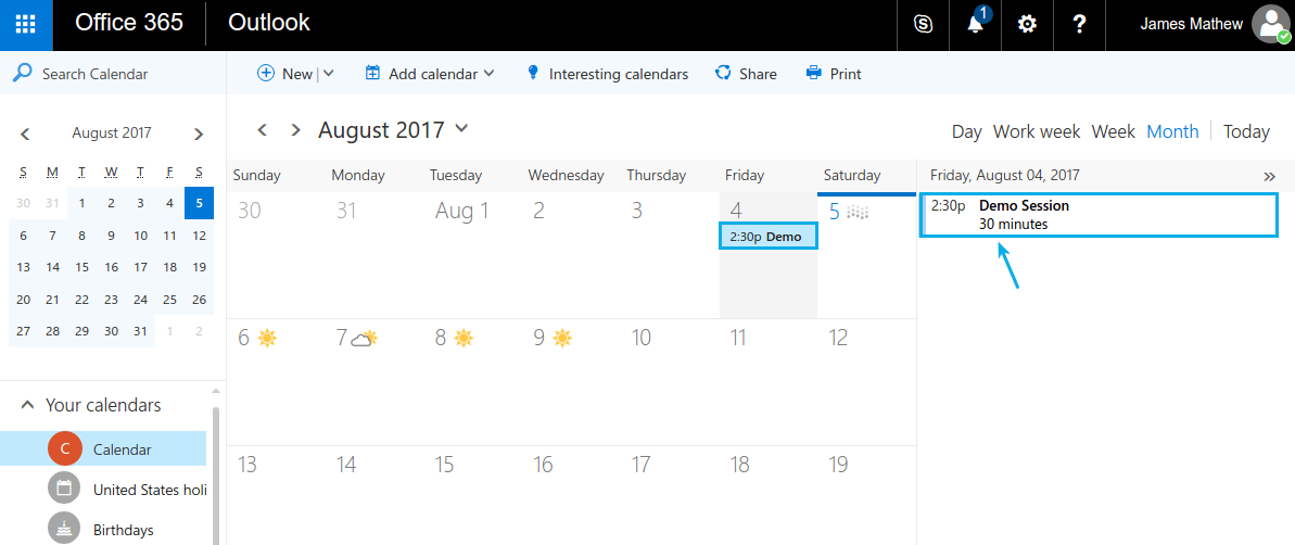 event synced in office 365