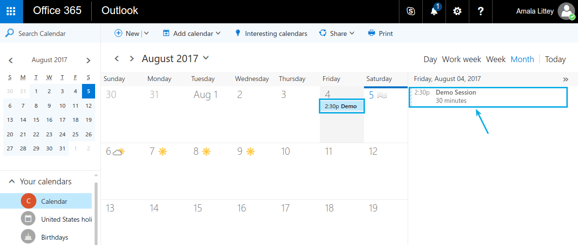 event synced in admin office 365