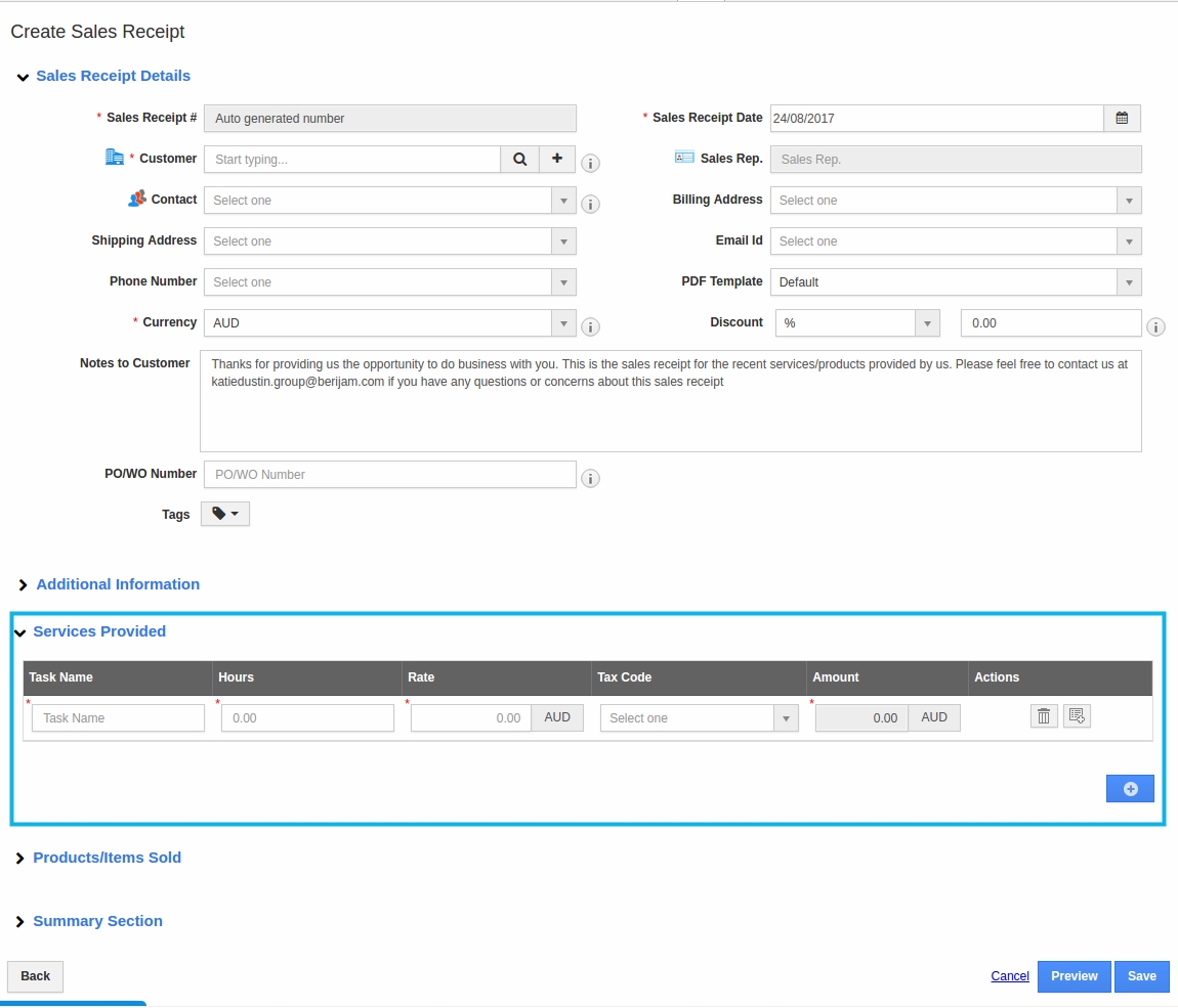 sales receipt creation page