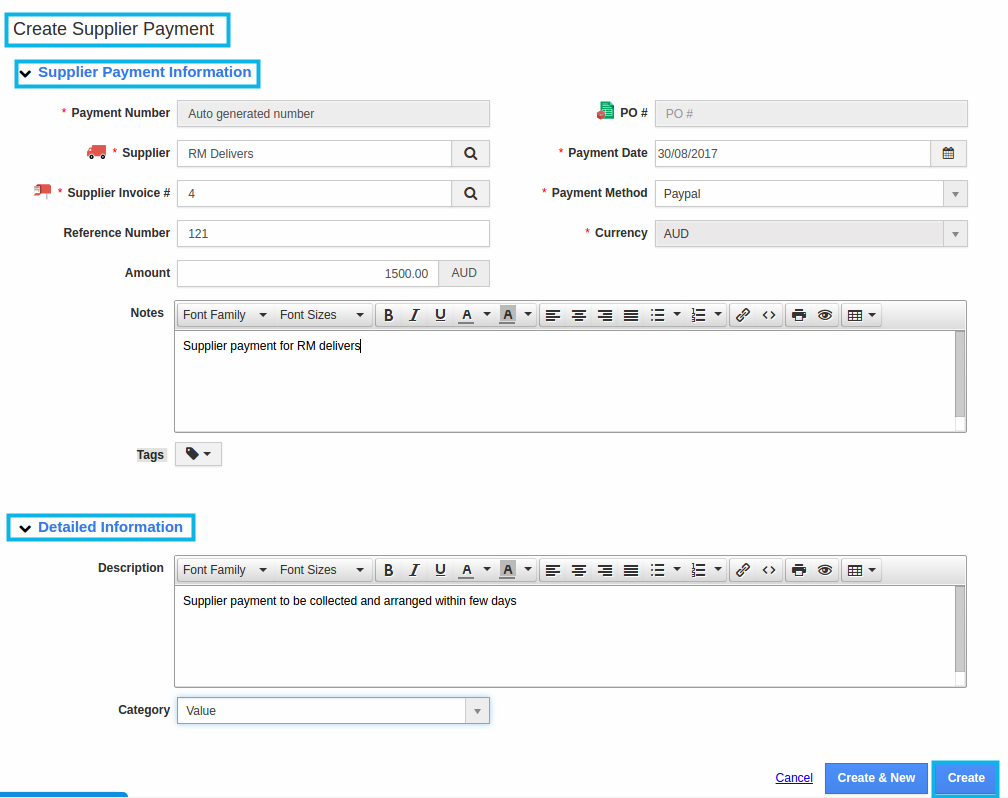 create supplier payment