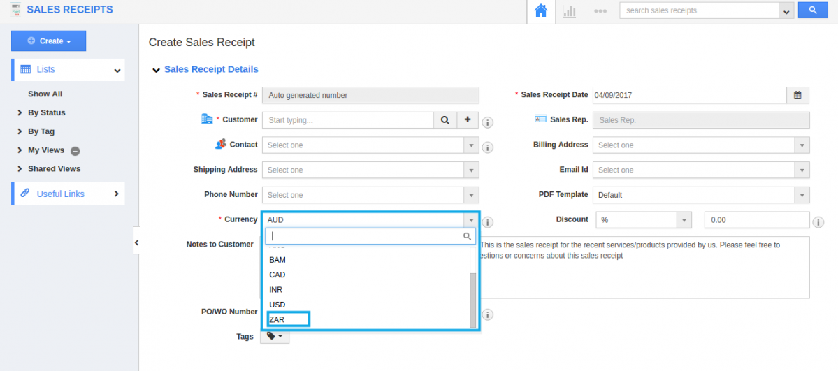 sales receipt creation page