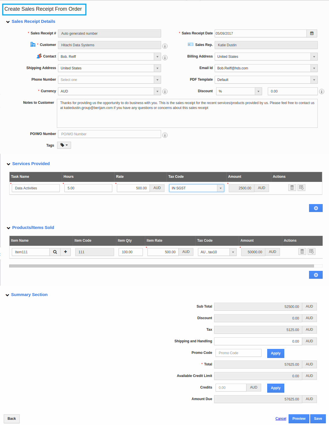 sales receipts from order sales receipts from order
