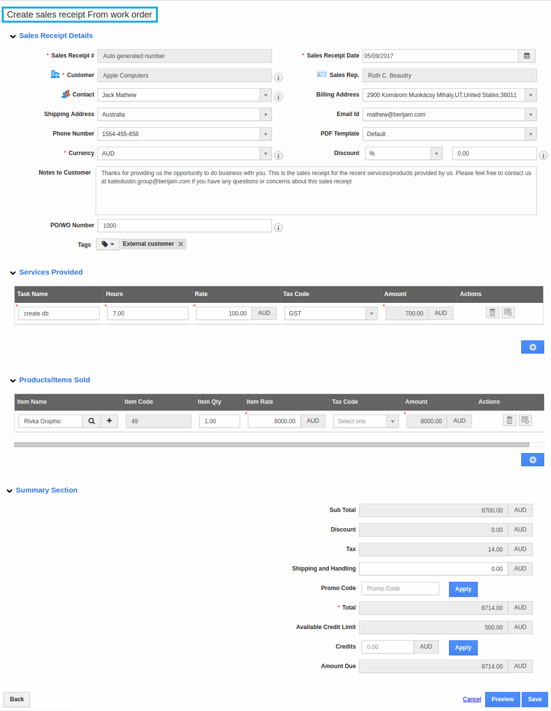 sales receipt from work order sales receipt from work order