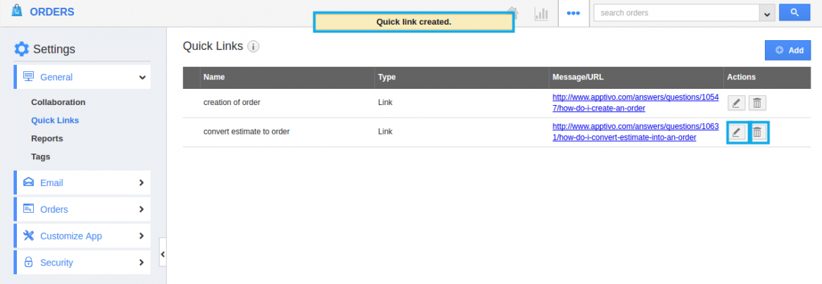 edit or delete quick links
