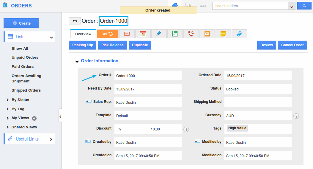 order numbering generated