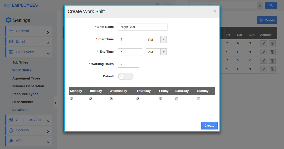 create work shift