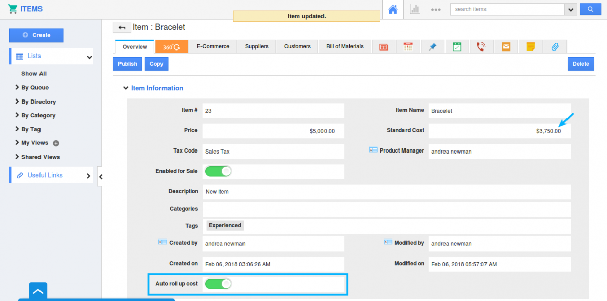 What happens when Auto Roll Up Cost is enabled in the Items App?