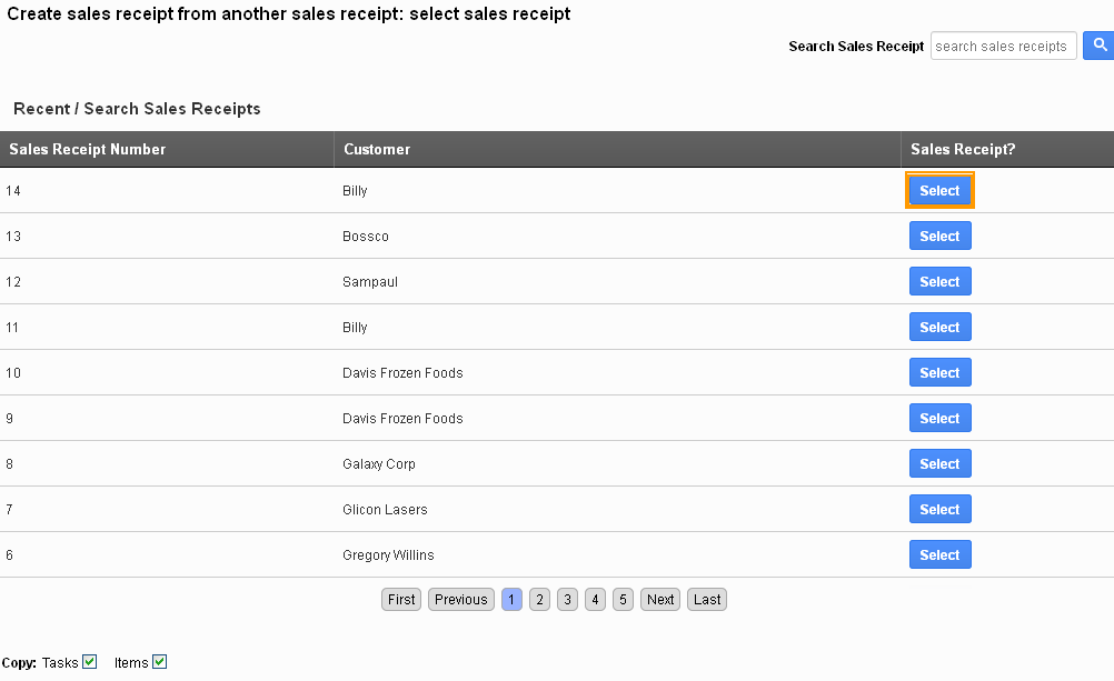 How do I create sales receipts from another sales receipt?