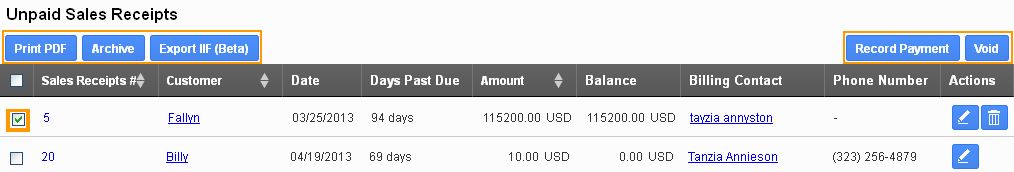 Unpaid sales receipts actions