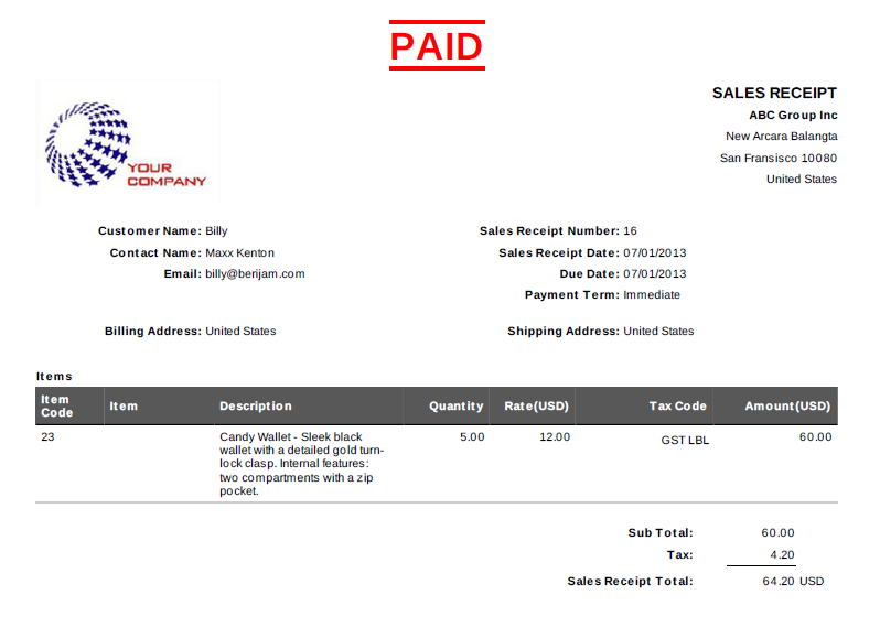 print a sales receipt receipt print
