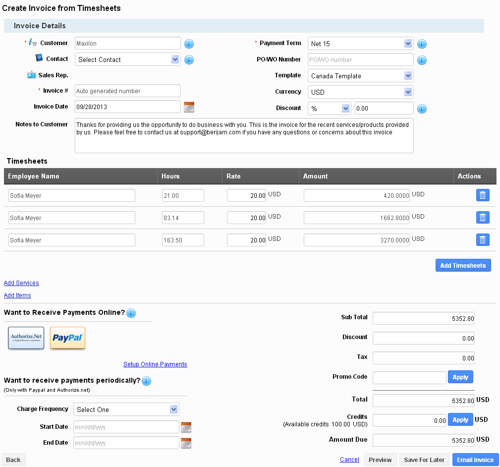 create invoice from timesheet