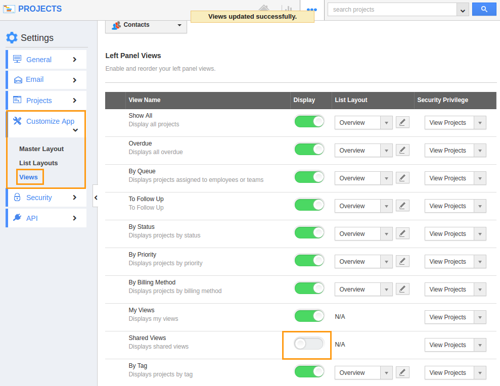 How to remove "Shared Views" menu from projects app home dashboard?