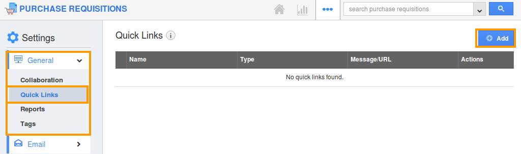 How do i add quick links in purchase requisitions app apptivo faq