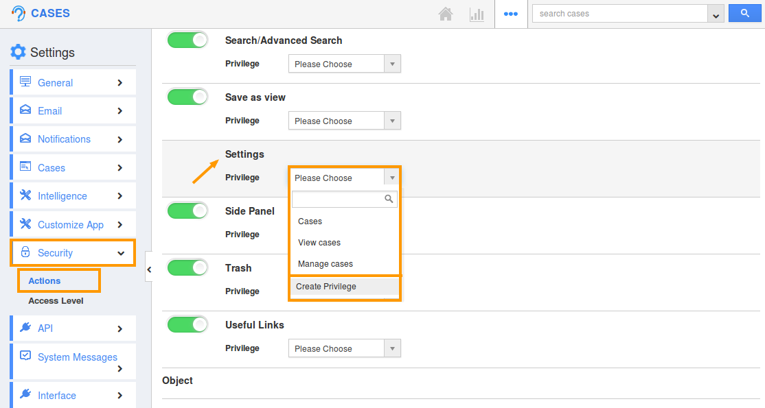 create privilege settings